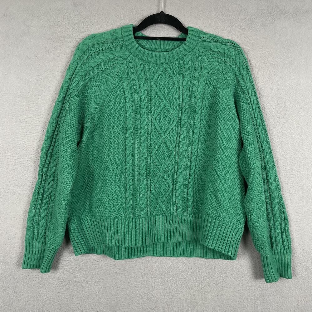 Gap Sweater Womens XL Green Cable Knit Pullover Crewneck Raglan Sleeve
